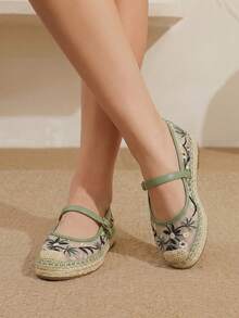Styleloop 春夏綠色網布刺繡花卉女款平底瑪麗珍鞋，適合戶外度假旅行海灘，透氣 - 軍綠色 - 查看 2