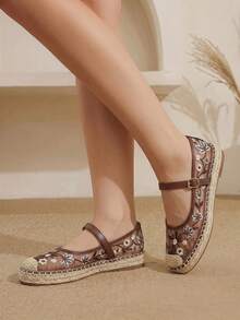 Styleloop Spring/Summer Red-Brown Mesh Embroidered Floral Flat Mary Jane Shoes, Suitable For Vacation Beach, Breathable Comfortable Casual Style - dark brown - View 9