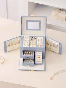 1PC Large Capacity Jewelry Box With Mirror Layered Dividers Portable Mirror Box Case Earring Ring Necklace Bracelet Storage Holder Organizer For Home Bedroom Dressing Table Vanity Organizer Gift - View 6