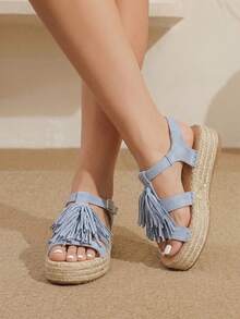 Styleloop 女款流蘇麻繩厚底涼鞋 夏季鞋 - 藍色 - 查看 2