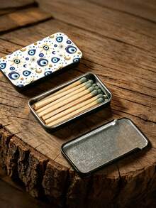 1PC Metal Sliding Lid Compact Portable Vintage Evil Eye Pattern Blue White Durable Rustproof Lightweight Matchbox Style Storage Tin Multipurpose Organizer For Home Office Desk Daily Use Gift - Multicolor - View 3