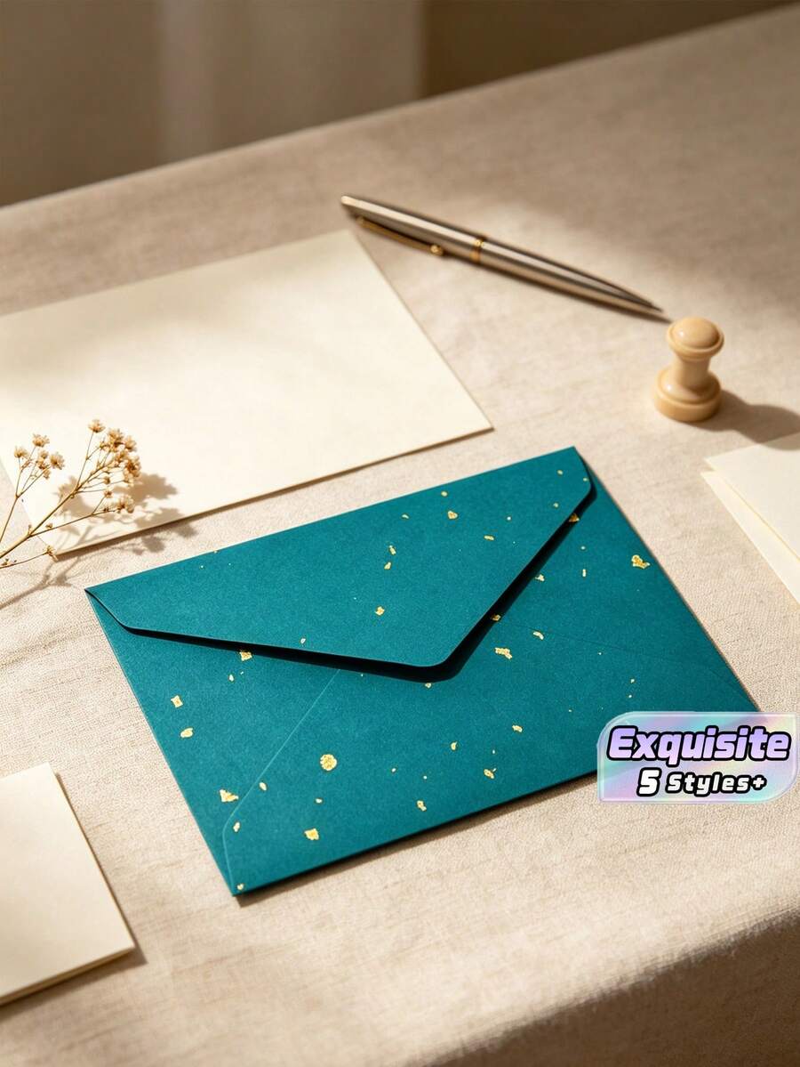 Gold-Flecked Special Paper Envelope & Letter Set, Vintage Thick Premium Invitation Card, Postcard, Wax Seal - A - View 1