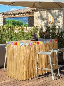1pc Tropical Raffia Style Table Skirt With Colorful Flower Decor, Hawaiian Luau Beach Themed Party Table Surround, Summer Birthday Pool Party Table Decorations Supplies - Khaki - View 4