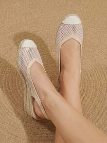 Styleloop Women's Wedge Heel Platform Shoes, Straw Platform, Lace Upper, Bohemian Style, Travel Essentials, Summer Wear, Vacation Atmosphere - Beige - View 4