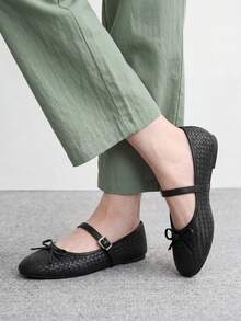 CUCCOO BIZCHIC Women's Black Woven Mary Jane Flats - Round Toe Ballet Shoes With Bow & Adjustable Buckle Strap, Comfortable Casual Dress Shoes For Work Office - Black - View 3