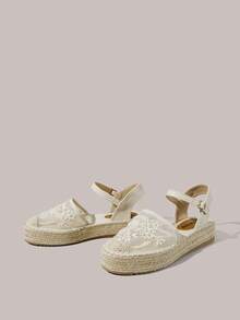 Styleloop Zapatos de mujer con suela gruesa, punta redonda, malla, bordado y perlas, estilo de vacaciones en la playa - Albaricoque - Ver 9