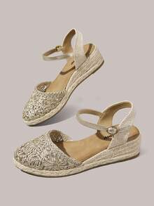 Styleloop Women's Wedges & Platform Shoes, Golden Sunflowers, Hollow Lace Closed Toe Sandals, Vacation Wear, Travel Essentials, Bohemian Style - Gold - View 9