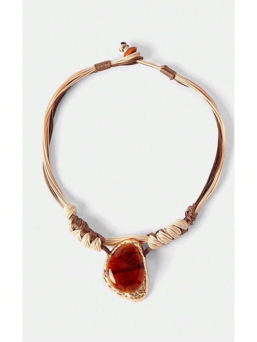 Noxbound Bohemian Holiday Amber Resin Handmade Braided Rope Necklace - Beige - View 1