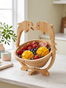 Cirelle 1pc Collapsible Wooden Fruit Basket, Animal Shaped Bamboo Folding Fruit Storage Bowl Countertop Tray - primary color - View 5