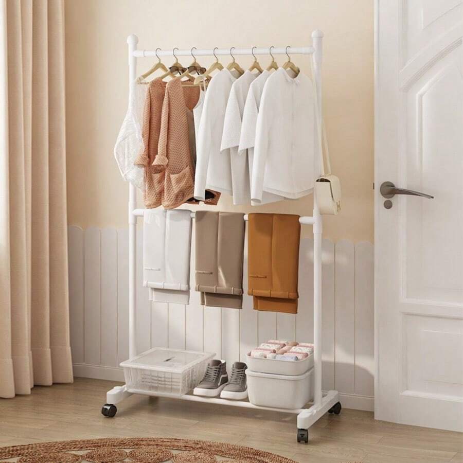Home Bedroom Freestanding Multi-Functional Hanging Clothes Rack With Movable Wheels, Minimalist Drying And Clothing Hanger, Coat Rack. - A - View 1