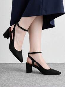 CUCCOO BIZCHIC Black Flannel Party Commute Simple Fashion Glossy Closed Toe Pointed Toe Exposed Heel Thin Ankle Strap High Heel Medium Thick Heel Shoes - Black - View 3