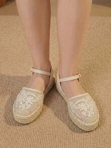 Styleloop Zapatos de mujer con suela gruesa, punta redonda, malla, bordado y perlas, estilo de vacaciones en la playa - Albaricoque - Ver 8