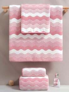 Minimalist Striped Coral Fleece Soft Absorbent Quick-Dry Bath Towel/Hand Towel For Home Use - Pink - View 3