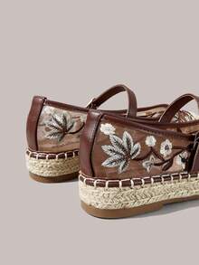 Styleloop Spring/Summer Red-Brown Mesh Embroidered Floral Flat Mary Jane Shoes, Suitable For Vacation Beach, Breathable Comfortable Casual Style - dark brown - View 7