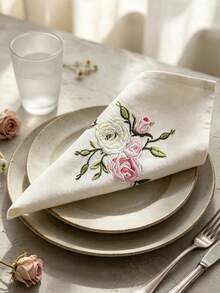 Cirelle 1/2/4 Buah Serbet Linen Bordir Mawar Vintage, Serbet Meja Persegi yang Dapat Digunakan Kembali untuk Resepsi Pernikahan, Dekorasi Meja Makan - MultiWarna - View 7