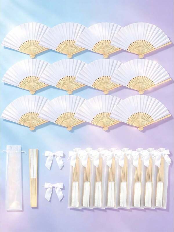 30 Piece Set Of White Paper Fans, White Bamboo Folding Fans, Handheld Fans, Paper Folding Fans, Summer White/Green Series Wedding Gift Fans