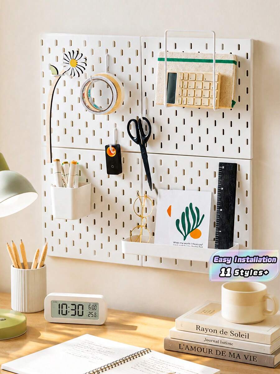 White Plastic Pegboard Wall Organizer Set With Shelves Hooks Storage Cups, DIY Splice Wall Mount Hole Display Rack, Easy Installation Space-Saving Storage For Stationery Photos Small Decor, Desk Wall Storage For Bedroom Study Office - White - View 1