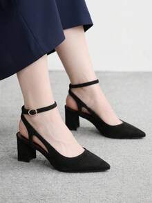CUCCOO BIZCHIC Black Flannel Party Commute Simple Fashion Glossy Closed Toe Pointed Toe Exposed Heel Thin Ankle Strap High Heel Medium Thick Heel Shoes - Black - View 4