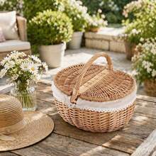 1 Piece Standard Size Natural Bamboo Picnic Basket, Handmade Woven Rustic Gift Basket With Cover And Portable Handles, Handwoven Rectangular Storage Basket For Outdoor Picnics, Parties, Barbecues, And Holiday Gifts - A - View 2