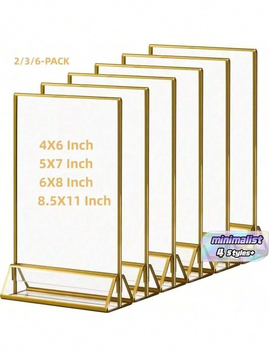 3/6pcs Gold Photo Frame, Acrylic Sign Holder Double-Sided Gold Photo Frame T-Shape 4x6"/5x7"/6x8", Used For Menu Holder Wedding Table Number Holder Home Photo Frame Event Display Photo Frame - T-gold - View 1