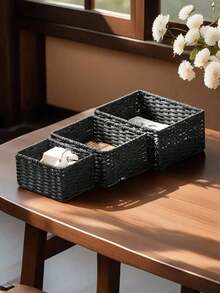 1/3 Pieces Storage Baskets, Entrance Table Organizing Box For Snacks And Cosmetics, Vintage Fabric Storage Baskets For Home - Black - View 7