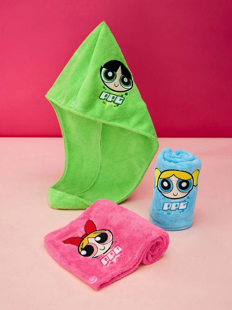 THE POWERPUFF GIRLS X Joivida 1件可愛卡通小女警刺繡乾髮帽，珊瑚絨水洗材質，柔軟吸水且快速乾燥，適用於日常護髮、洗澡、淋浴、SPA、旅行，也是週年紀念或生日的獨特個性化禮物 - 彩色 - 查看 1