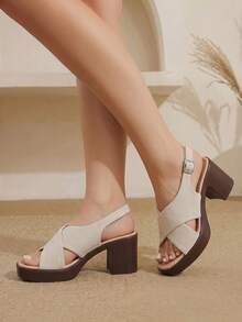 Styleloop Frosted Suede Cross-Strapped Thick-Heeled Sandals Women's Head High Heels, Retro Versatile Commuter Open-Toed Women's Shoes - Apricot - View 10
