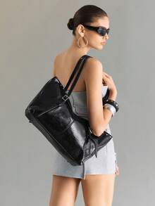 Viva Strut Women's Tote Bag, Y2K Spice Girl, Rivet Decoration, Folding Bag Mouth Design, Large Capacity, Suitable For Shopping And Commuting To Campus - Black - View 8