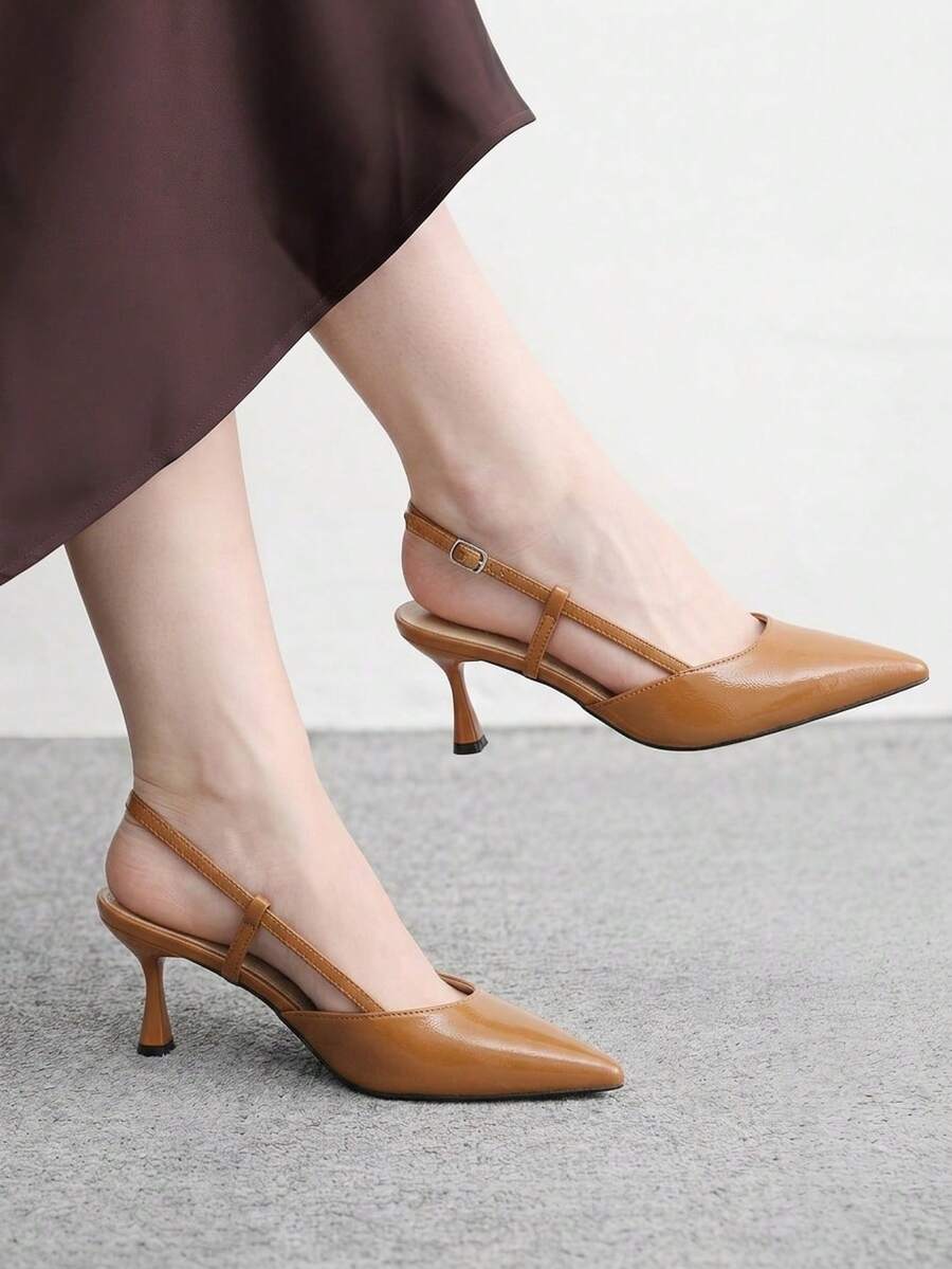 CUCCOO BIZCHIC 女款秋冬春夏百搭尖頭細跟時尚優雅焦糖棕後扣高跟鞋通勤穿搭 - 焦糖棕 - 查看 1