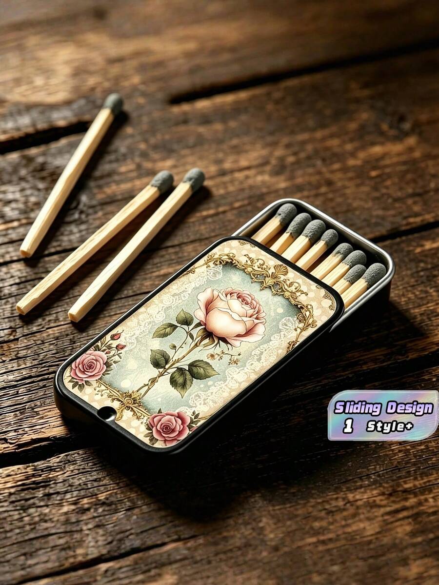 1PC Durable Retro Rose Lace Art Pattern Metal Sliding Lid Tin Box Mini Portable Compact Storage Organizer For Jewelry Earrings Rings Small Trinkets Home Office Desk Valentine Day Gift - Multicolor - View 1