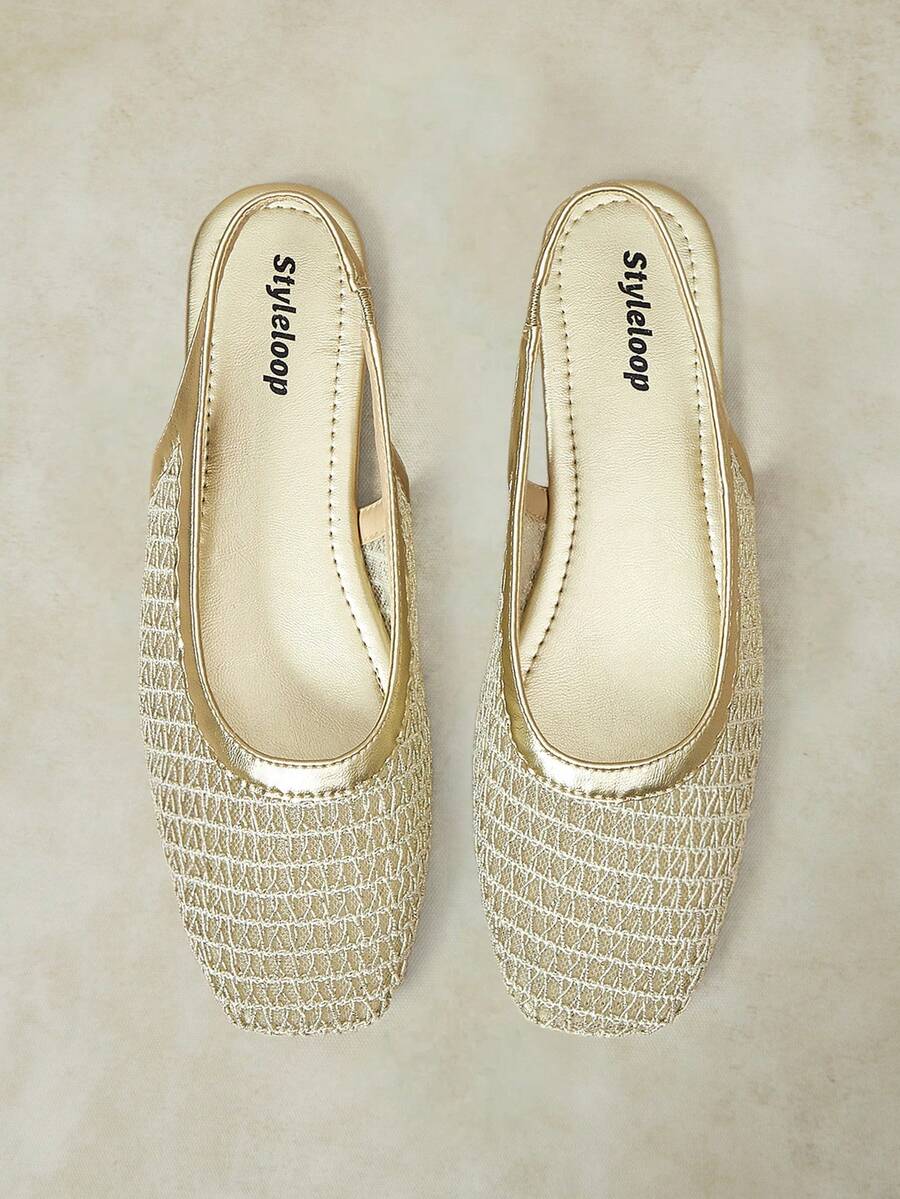Styleloop Women Shoes Multi-Color Mesh Yarn Woven Square Toe Flat Bottom Rear Tripple Strap Sandals Simple And Fresh Spring And Summer Models Are Suitable For Fall Shoes - Golden 3 - View 1