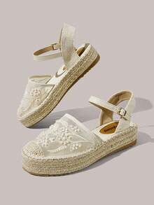 Styleloop Zapatos de mujer con suela gruesa, punta redonda, malla, bordado y perlas, estilo de vacaciones en la playa - Albaricoque - Ver 11