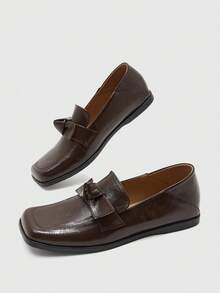 CUCCOO BIZCHIC Brown Soft Leather Bow Loafers Women's, Square Toe Flat Bottom Soft Sole Slouchy Shoes, Commuting Versatile Retro Shoes - Brown - View 10