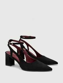 CUCCOO BIZCHIC Black Flannel Party Commute Simple Fashion Glossy Closed Toe Pointed Toe Exposed Heel Thin Ankle Strap High Heel Medium Thick Heel Shoes - Black - View 6