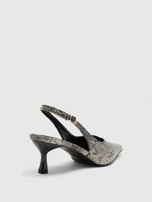 CUCCOO BIZCHIC French Light Luxury Snake Pattern Pointed Back Strap Retro Elegant Fine Heel Commuter Kitten And Shoes - Grey - View 8