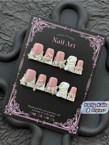 10pcs Medium-Long Coffin-Shaped Handmade Acrylic Press On Nails, Decorated With Colorful Rhinestones, Butterflies And Snake Patterns, Perfect For Parties, Daily Outfits, And Gift For Women. - Silver - View 1