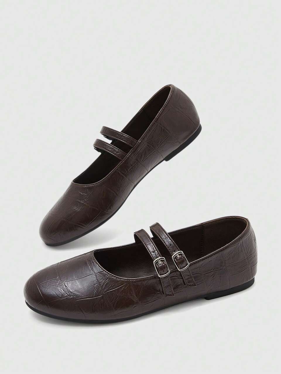 CUCCOO BIZCHIC Dark Brown Crocodile Pattern Double Buckle Mary Jane Flats, Round Toe Daily Casual Women's Shoes