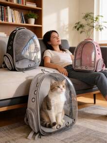 Large Capacity Cat Backpack, Transparent Breathable Pet Carrier, Portable Cat Bag, Pc Material, Zipper Closure - Multicolor - View 6