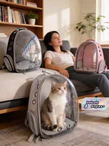 Large Capacity Cat Backpack, Transparent Breathable Pet Carrier, Portable Cat Bag, Pc Material, Zipper Closure - Multicolor - View 1