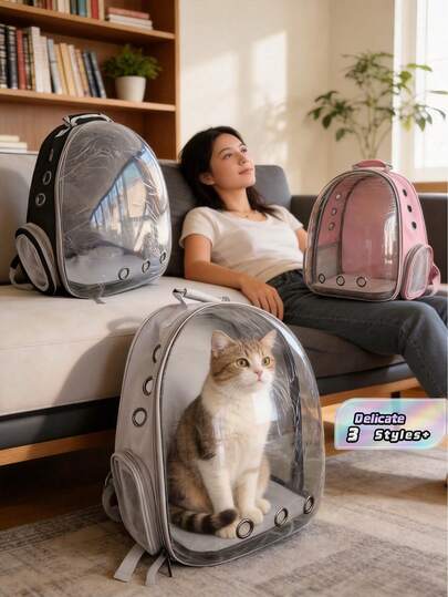 Large Capacity Cat Backpack, Transparent Breathable Pet Carrier, Portable Cat Bag, Pc Material, Zipper Closure