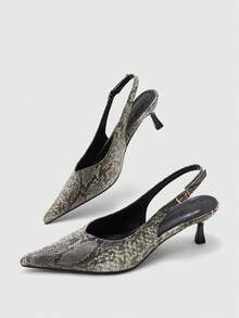 CUCCOO BIZCHIC French Light Luxury Snake Pattern Pointed Back Strap Retro Elegant Fine Heel Commuter Kitten And Shoes - Grey - View 9