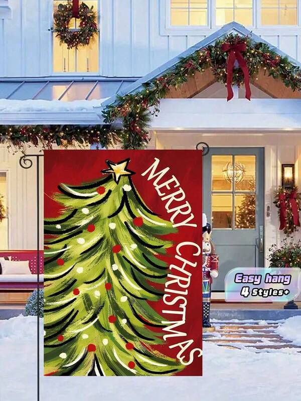 1PC Welcome Winter Multicolor Christmas Tree Double Layer Garden Flag Durable Polyester Holiday Yard Decoration Outdoor Lawn Porch Patio Festival Supplies