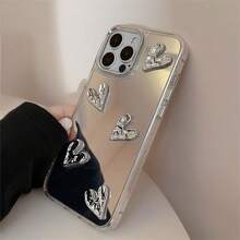 1PC,Luxury Glossy 3D Meteorite Texture Electroplated Silver Heart Cute Phone Case, Compatible With IPhone 16/15/14/13/12 Pro Max/14/15 Plus/11, With Camera Lens Cover, Waterproof, Shockproof, Drop-Resistant & Scratch-Resistant - Mirror Heart - View 2