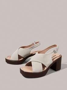 Styleloop Frosted Suede Cross-Strapped Thick-Heeled Sandals Women's Head High Heels, Retro Versatile Commuter Open-Toed Women's Shoes - Apricot - View 5