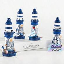 1件 13cm 木製迷你燈塔，地中海風格家居裝飾手工禮品，5件燈塔裝飾品套組 - 海洋藍白色 - 查看 1