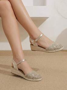 Styleloop Women's Wedges & Platform Shoes, Golden Sunflowers, Hollow Lace Closed Toe Sandals, Vacation Wear, Travel Essentials, Bohemian Style - Gold - View 4