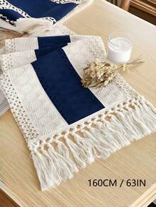 Cirelle 1pc Vintage Boho Spliced Table Runner With Knotted Tassels, Hollow-Out Crochet Lace Table Scarf, Farmhouse Cotton Woven Long Table Decoration For Dining, Sideboard & Entryway - Navy Blue - View 17