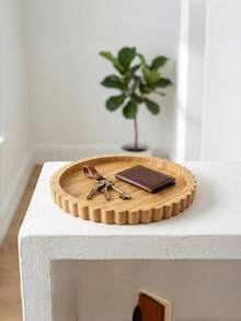 1PC Extra Large Wooden Thickened Widened Scalloped Edge Bohemian Brown Round Tray Multipurpose Organizer For Jewelry Watches Phones Keys Cups Perfume Aromatherapy Storage Home Office Desk Vanity Bathroom Gift Decor - Brown - View 9