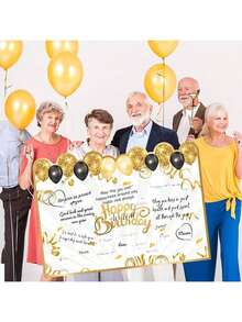 1 Giant Black Gold Happy Birthday Signature Card Adorned With Decorative Balloon Patterns - A Set Of Paper Party Supplies, An Unforgettable Replacement For Greeting Cards, Suitable As A Birthday Party Gift - Multicolor - View 5