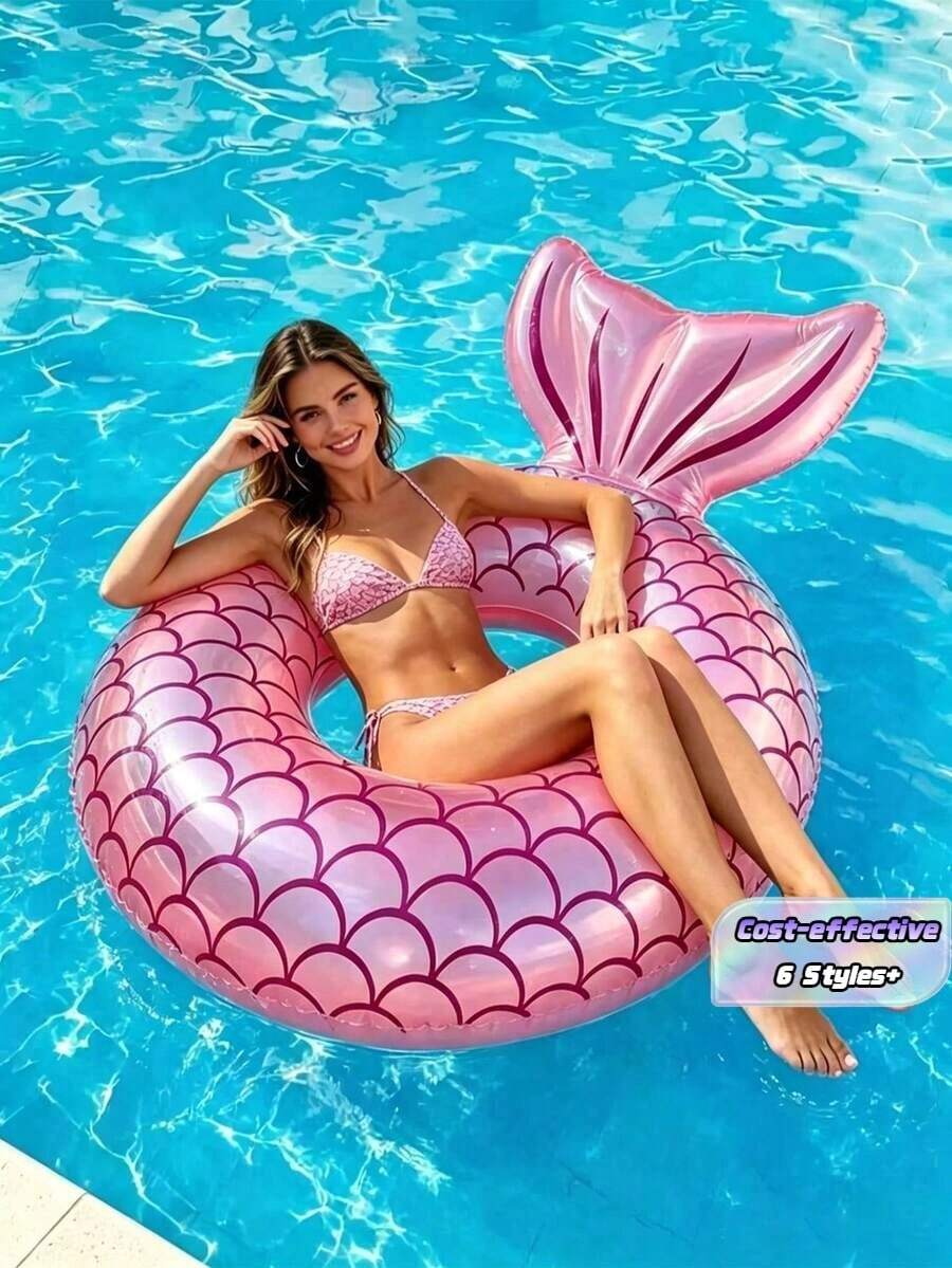 Mermaid Tail Inflatable Swim Ring, Scale Pattern Swim Ring, Ideal For Summer Beach And Pool Parties - Multicolor - View 1